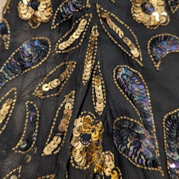 Silk Floral Beaded Sequined Blouse Black Gold - Women's sz S - Picture 6 of 11